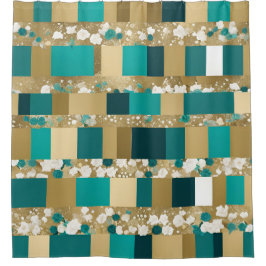 Aquamarines geometrisches Muster in Grün und Gold  Duschvorhang