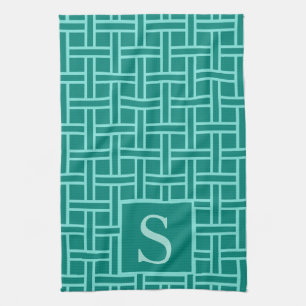 Aquamarines geometrisches Mustermonogramm Geschirrtuch