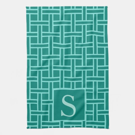 Aquamarines geometrisches Mustermonogramm Geschirrtuch (Vertikal)