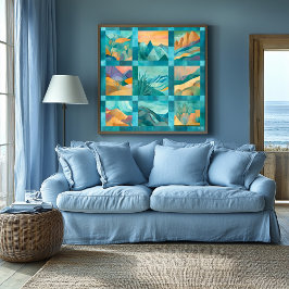 Aquamarines Gerahmtes Abstraktes Wüstenkunstgitter Poster