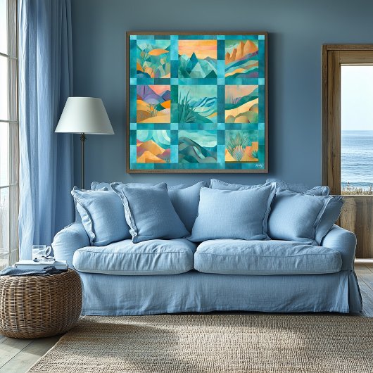 Aquamarines Gerahmtes Abstraktes Wüstenkunstgitter Poster