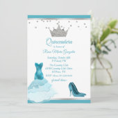Aquamarines Gewand mit Silberkrone Quinceanera Einladung (Stehend Vorderseite)