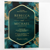 Aquamarines Gold Abstrakt Fluid Ink QR Code Hochze Dreifach Gefaltete Einladung (Innen Erste Seite)