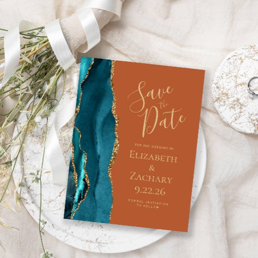 Aquamarines Gold Agate Burnt Orange Hochzeit Speic Ankündigungspostkarte