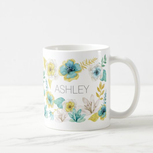 Aquamarines Gold Aquarellfarbenflorname Geschenk T Kaffeetasse (Rechts)