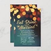 Aquamarines Gold Bokeh Light EAT Drink Verheiratet Einladung (Vorne/Hinten)