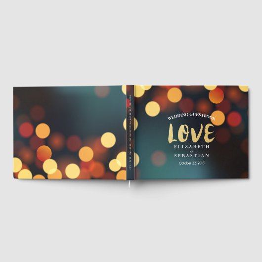 Aquamarines Gold Bokeh String Lights Wedding Gäste Gästebuch (Voll)