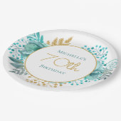 Aquamarines Gold Floral 70. Geburtstag Pappteller (Schrägansicht)