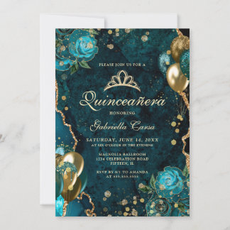 Aquamarines Gold Floral Agate Foto Quinceanera Einladung