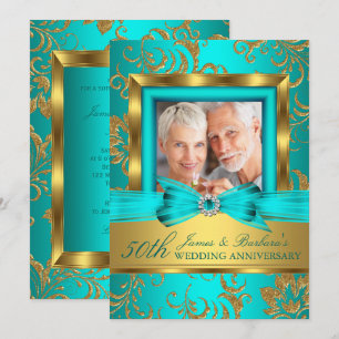 Aquamarines Gold Floral Foto 50. Hochzeitstag Einladung