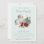 Aquamarines Gold Floral Teacup Brautparty Teezerem Einladung (Vorderseite)