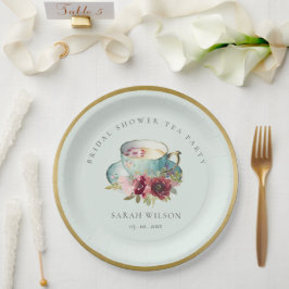 Aquamarines Gold Floral Teacup Brautparty Teezerem Pappteller