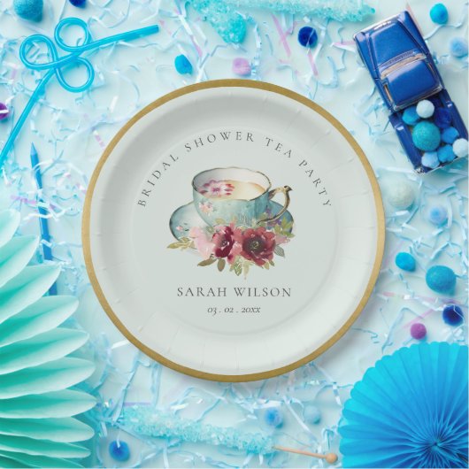 Aquamarines Gold Floral Teacup Brautparty Teezerem Pappteller (Party)