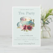 Aquamarines Gold Floral Teacup Jegliche Altersgrup Einladung (Stehend Vorderseite)