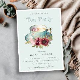 Aquamarines Gold Floral Teacup Party Teezeremonie Einladung