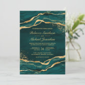 Aquamarines Gold Fluid Ink Foto Hochzeit Einladung (Stehend Vorderseite)