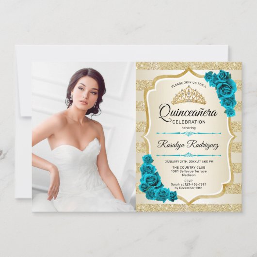 Aquamarines Gold Foto Elegante Quinceanera Einladung (Vorderseite)