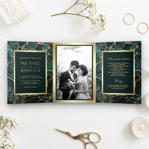 Aquamarines Gold Marmor Imitate Gold Foil Foto Hoc Dreifach Gefaltete Einladung
