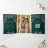 Aquamarines Gold Peacock Pattern Floral Indian Wed Dreifach Gefaltete Einladung (Innenseite)