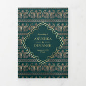 Aquamarines Gold Peacock Pattern Floral Indian Wed Dreifach Gefaltete Einladung (Cover)