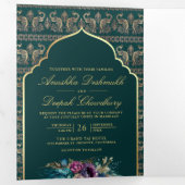 Aquamarines Gold Peacock Pattern Floral Indian Wed Dreifach Gefaltete Einladung (Innen Erste Seite)