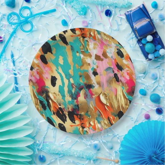 Aquamarines Gold Pink Leopard Paint Pappteller (Party)