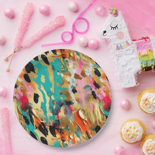 Aquamarines Gold Pink Leopard Paint Pappteller (Party)