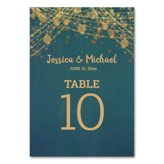 Aquamarines Gold String Lights Bokeh Wedding Tischnummer (Rückseite)