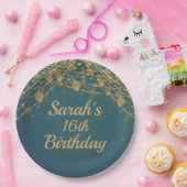 Aquamarines Gold String Lights Girl's 16. Geburtst Pappteller (Party)