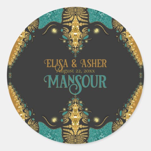 Aquamarines Gold und Schwarzes Barock Bohemische T Runder Aufkleber (Vorderseite)