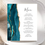 Aquamarines Goldbuchmenü<br><div class="desc">Die links Seite dieses eleganten,  modernen Hochzeitsmenüs besticht durch eine aquamarine,  blaue Aquarellgrenze,  die mit dem vergoldeten Glitzer der Imitate bestickt wurde. Der anpassbare Text kombiniert handgeschriebene handgeschriebene Schriftzeichen aus Holzkohle mit Schriftart aus Kupferplatte auf weißem Hintergrund. Auf der Rückseite ist ein aquamarines und goldenes Design zu sehen.</div>