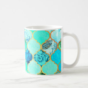 Aquamarines, goldenes, blaugrünes Meerjungmuster Kaffeetasse