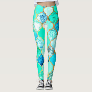 Aquamarines, goldenes, blaugrünes Meerjungmuster Leggings
