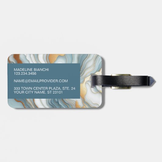 Aquamarines graues blaues Goldmarmor Kunstmuster Gepäckanhänger (Rückseite horizontal)