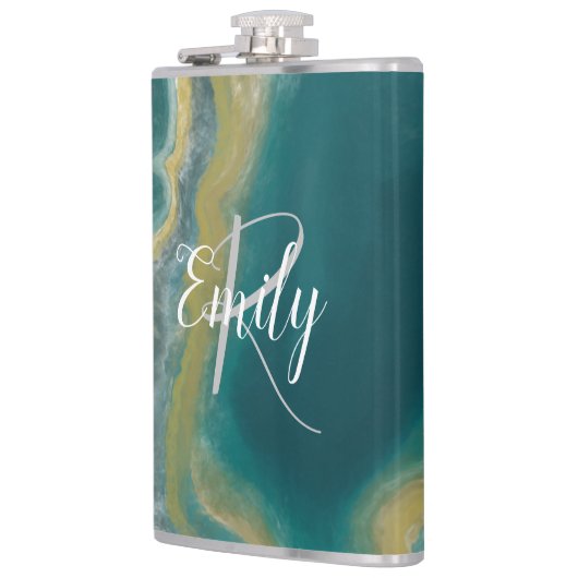 Aquamarines Green Agate Marble Abstrakt Name Monog Flachmann (Links)