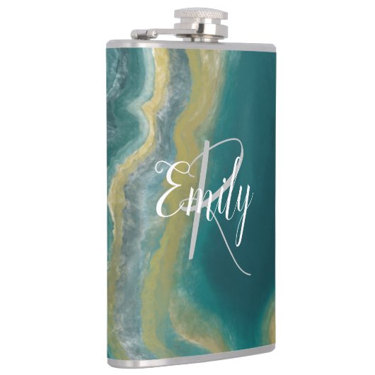 Aquamarines Green Agate Marble Abstrakt Name Monog Flachmann (Rechts)