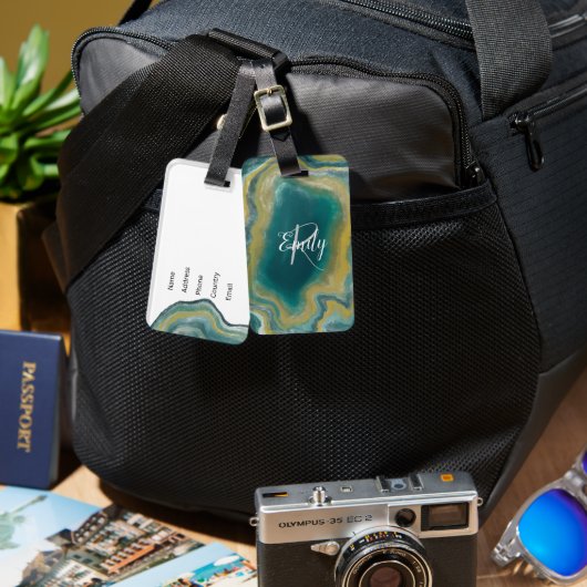 Aquamarines Green Agate Marble Abstrakt Name Monog Gepäckanhänger (Vorderseite & Rückseite)