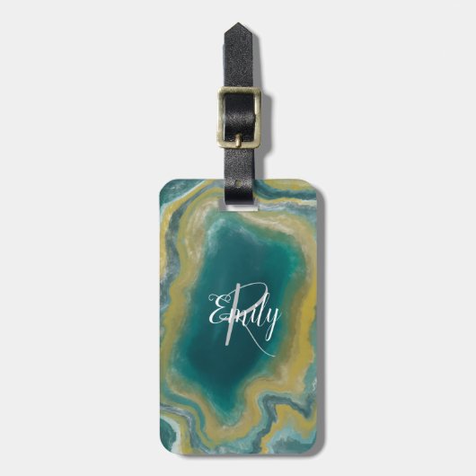 Aquamarines Green Agate Marble Abstrakt Name Monog Gepäckanhänger (Vorderseite vertikal)