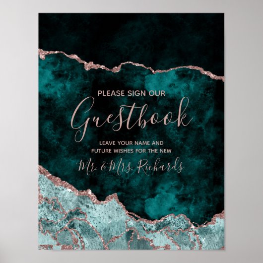 Aquamarines Green Agate Rose Gold Wedding Gästebuc Poster (Vorne)