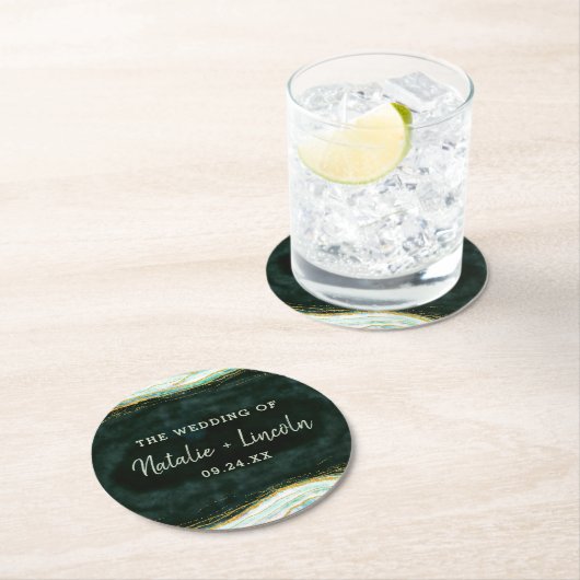 Aquamarines Green & Gold Agate Marble Geode Monogr Runder Pappuntersetzer (Vor Ort)