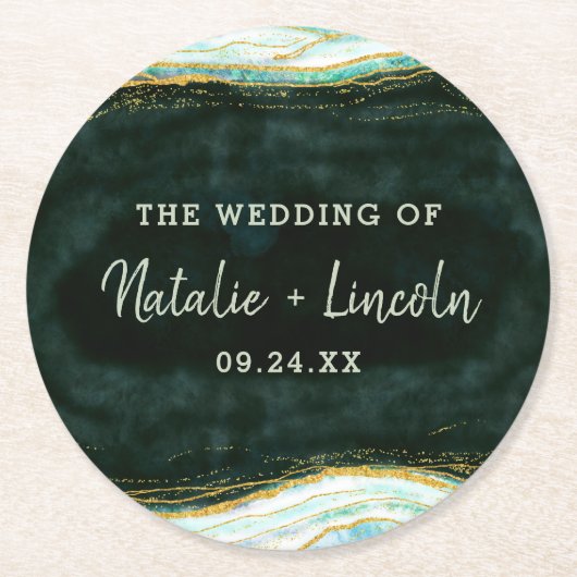 Aquamarines Green & Gold Agate Marble Geode Monogr Runder Pappuntersetzer (Vorderseite)