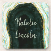 Aquamarines Green & Gold Agate-MarmorWedelmongramm Getränkeuntersetzer (Vorderseite)