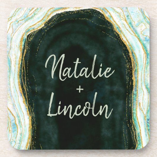 Aquamarines Green & Gold Agate-MarmorWedelmongramm Getränkeuntersetzer (Vorderseite)