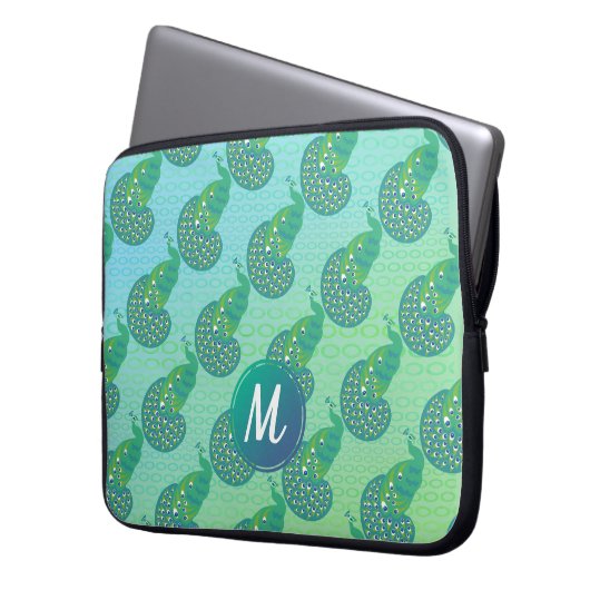 Aquamarines Green Iridescent Peacock Pattern Monog Laptopschutzhülle (Vorderseite Links)
