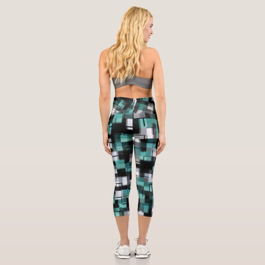 Aquamarines Grünes Blau Schwarz-weiß Abstrakt Capri Leggings (Rückseite)