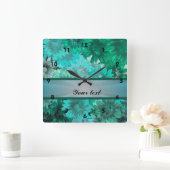 Aquamarines grünes Blumenmuster Quadratische Wanduhr (Zuhause)