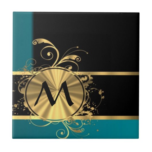 Aquamarines grünes Gold und schwarzes Monogramm Fliese (Vorderseite)