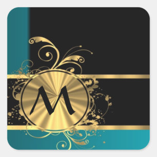 Aquamarines grünes Gold und schwarzes Monogramm Quadratischer Aufkleber