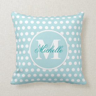 Aquamarines grünes Polka-Punkt-Monogramm-Kissen Kissen