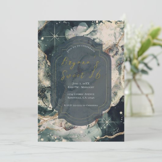 Aquamarines grünes Wasser Gold Celestial Sweet 16 Einladung (Stehend Vorderseite)